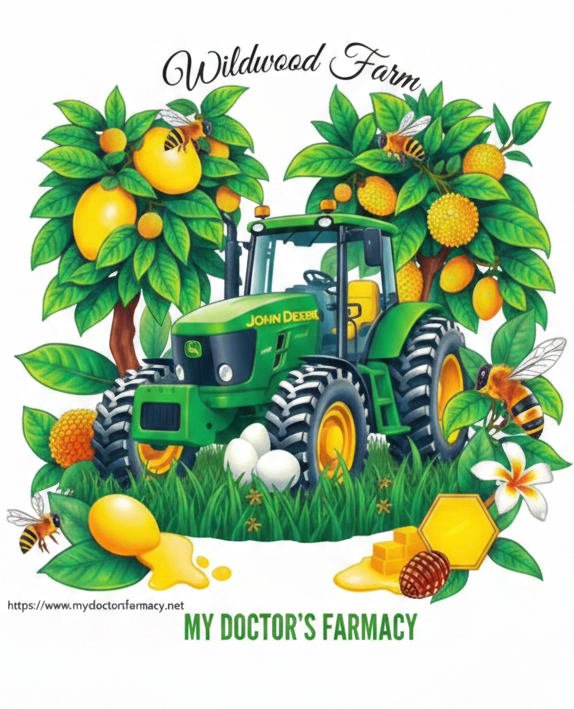 Illustration of a green tractor surrounded by fruit trees and bees with 'Wildwood Farm' text.