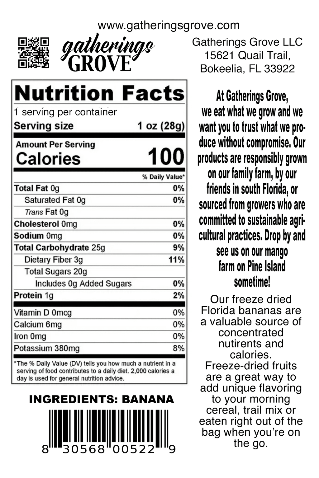 Freeze Dried Banana Net Weight 1 oz. (28g) - Gatherings Grove