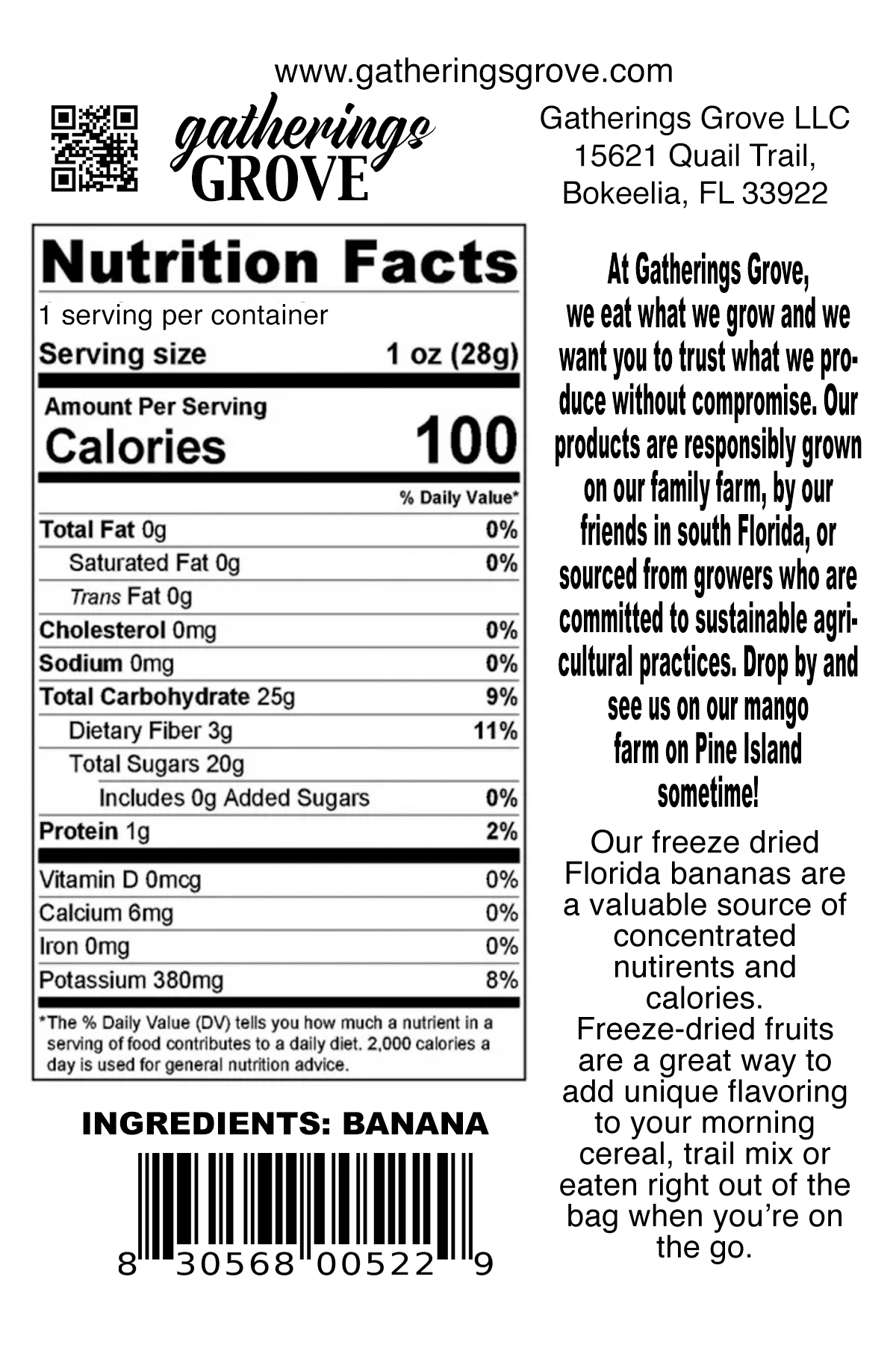 Freeze Dried Banana Net Weight 1 oz. (28g) - Gatherings Grove